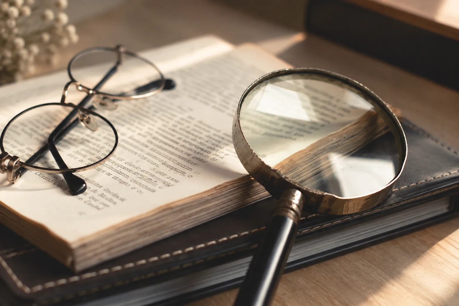 Libro aperto con lente e occhiali, rimanda a momento di riflessione