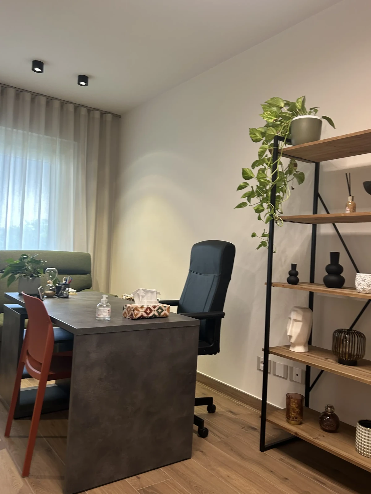 Foto dello studio con vista dall'angolo verso la finestra: si possono vedere la scrivania, il divano, la sedia della scrivania e una porzione dello scaffale.